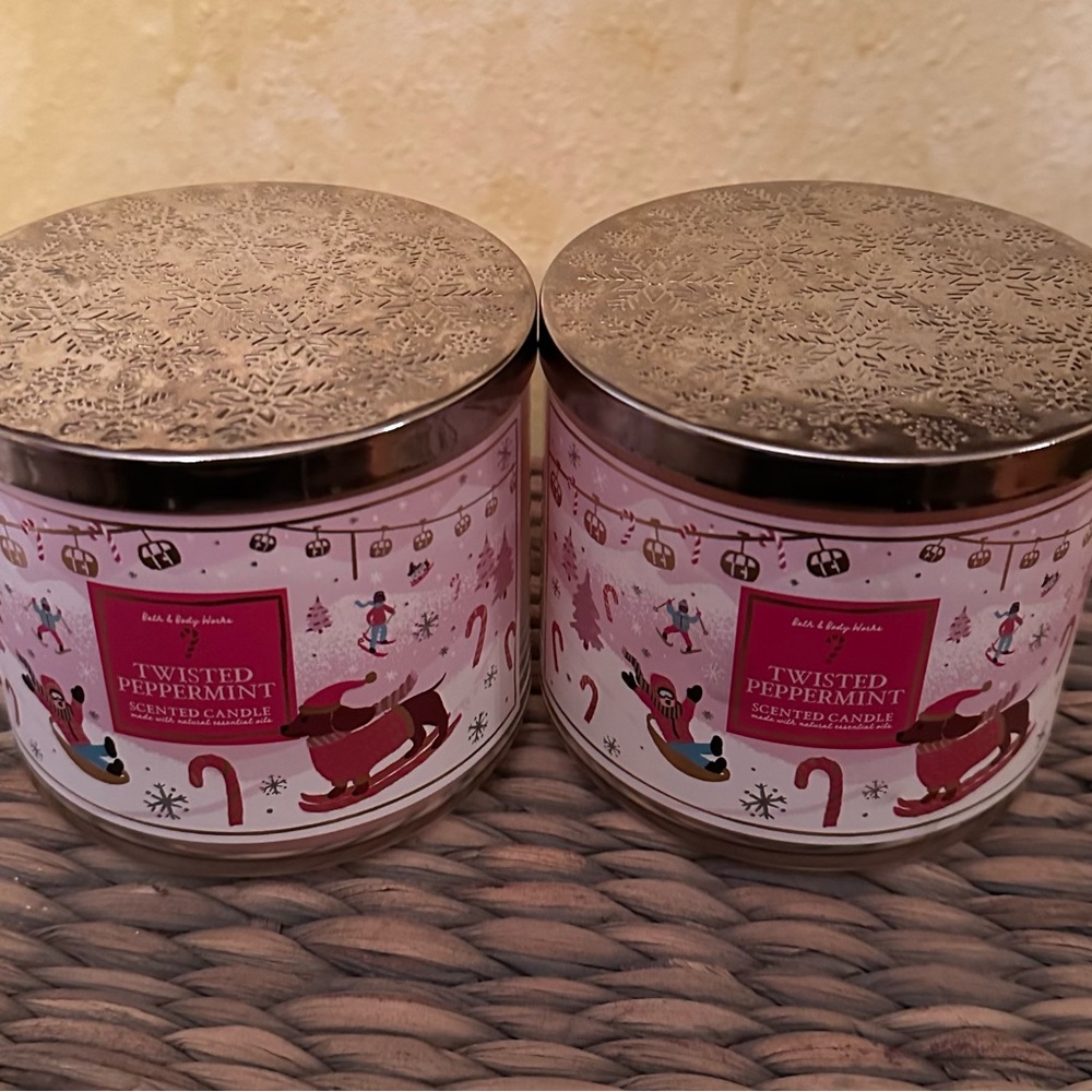 2(two) Bath & Body Works 3 Wick Candles 14.5 oz Twisted Peppermint